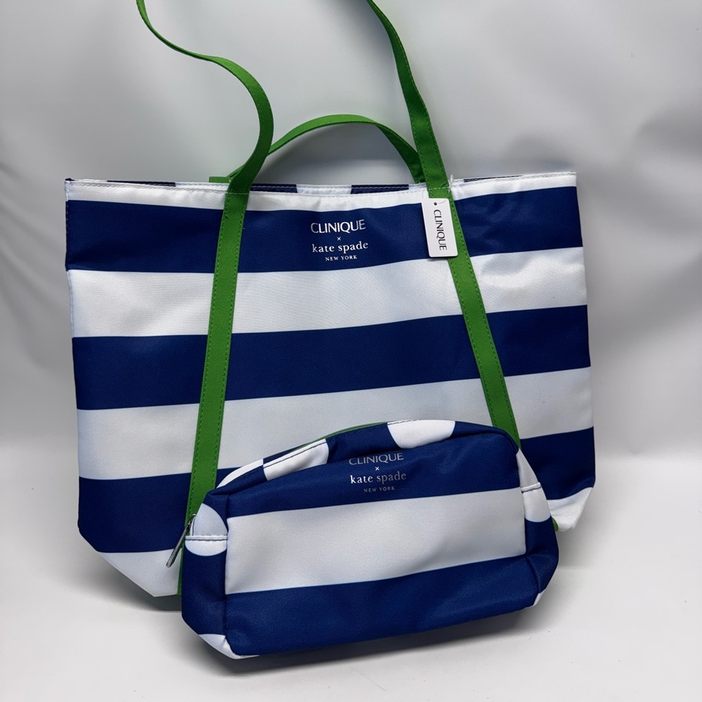 NWT Clinique x Kate Spade Shoulder Tote Bag + Makeup Bag Blue & White Stripe Dot
